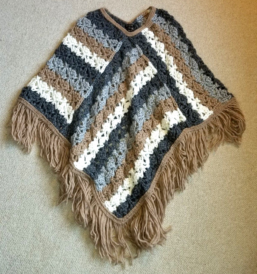 Women Sweater/Poncho-MASSIMO DUTTI-brown/gray wool/alpaca crochet fringe BOHO-S